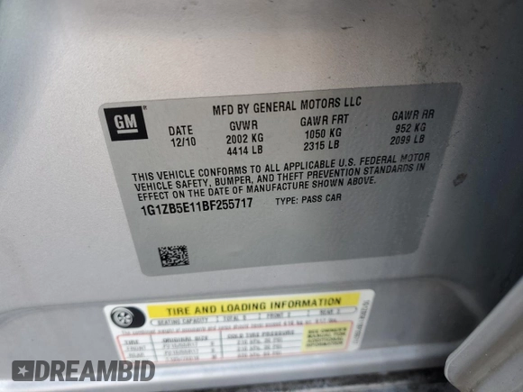 2011 Chevrolet Malibu 1LS with VIN 1G1ZB5E11BF255717, listed as a Copart auction lot 51941675 with 155,378 mi miles and Salvage Title. Bid and sale history available at DreamBid. Image 14.