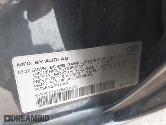 2023 Audi A3 Premium with VIN WAUAUDGYXPA034587, listed as a IAAI auction lot 41713024 with 12,077 mi miles and . Bid and sale history available at DreamBid. Image 9.