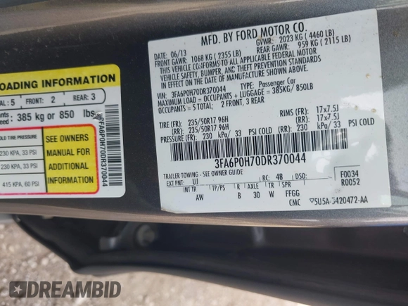 2013 Ford Fusion SE with VIN 3FA6P0H70DR370044, listed as a IAAI auction lot 42191636 with 216,721 mi miles. Bid and sale history available at carsss.com. Image 9.