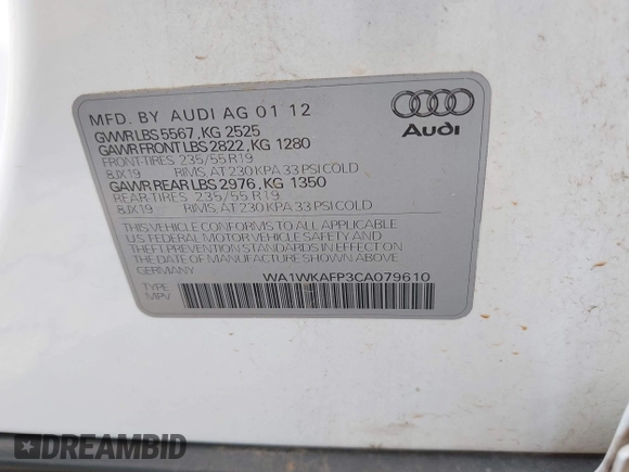 2012 Audi Q5 Prestige with VIN WA1WKAFP3CA079610, listed as a IAAI auction lot 42212659 with 125,842 mi miles and . Bid and sale history available at DreamBid. Image 9.