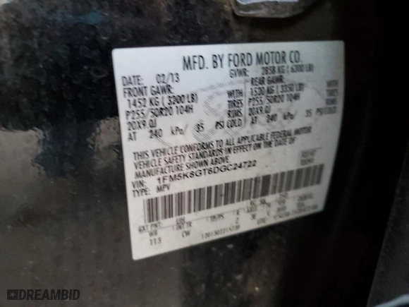 2013 Ford Explorer Sport with VIN 1FM5K8GT6DGC24722, listed as a Copart auction lot 85824694 with 0 mi miles and Salvage Title. Bid and sale history available at carsss.com. Image 14.
