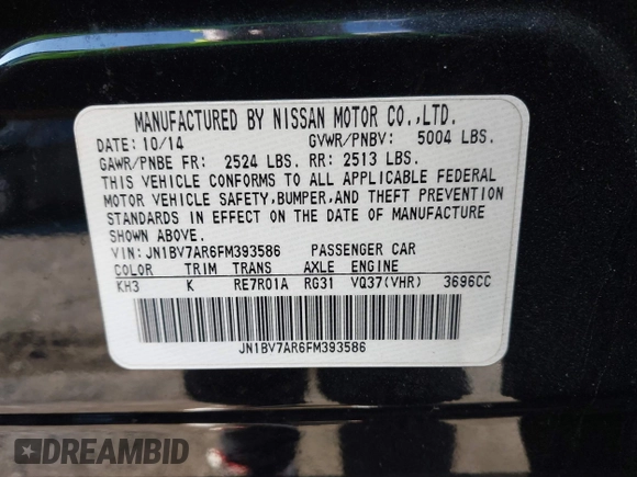 2015 Infiniti Q50 Premium with VIN JN1BV7AR6FM393586, listed as a IAAI auction lot 41683059 with 125,991 mi miles. Bid and sale history available at carsss.com. Image 9.