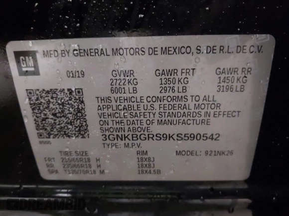 2019 Chevrolet Blazer with VIN 3GNKBGRS9KS590542, listed as a IAAI auction lot 42443212 with 94,264 mi miles and . Bid and sale history available at DreamBid. Image 9.