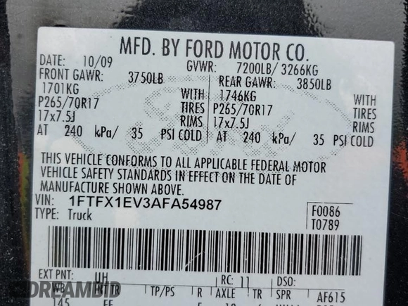 2010 Ford F-150 XL with VIN 1FTFX1EV3AFA54987, listed as a Copart auction lot 56872645 with 200,277 mi miles and Salvage title. Bid and sale history available at DreamBid. Image 13.