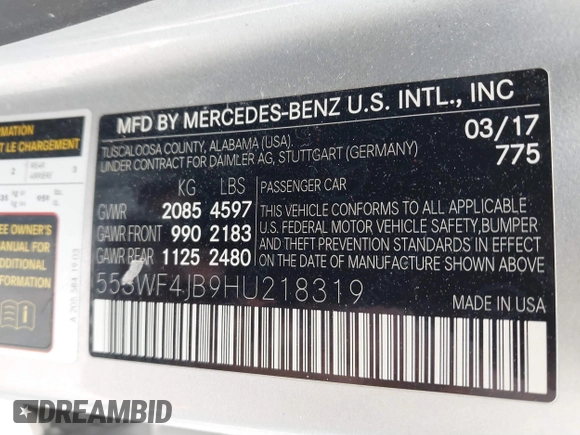 2017 Mercedes-Benz C 300 with VIN 55SWF4JB9HU218319, listed as a IAAI auction lot 41783169 with 90,949 mi miles and . Bid and sale history available at DreamBid. Image 9.