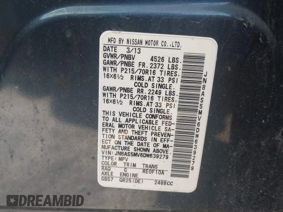 2013 Nissan Rogue SL with VIN JN8AS5MV6DW639279, listed as a IAAI auction lot 41806874 with 172,515 mi miles and . Bid and sale history available at DreamBid. Image 9.