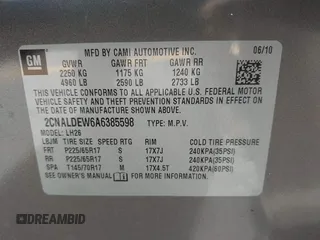 2010 Chevrolet Equinox LT w/1LT with VIN 2CNALDEW6A6385598, listed as a IAAI auction lot 41878090 with 53,176 mi miles. Bid and sale history available at carsss.com. Image 9.