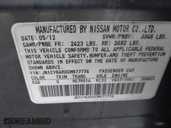 2012 Infiniti G37 x with VIN JN1CV6ARXCM977774, listed as a IAAI auction lot 41880832 with Not Provided miles and . Bid and sale history available at DreamBid. Image 9.