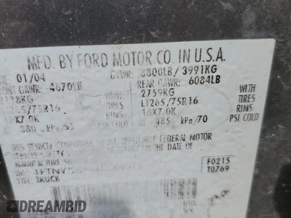 2004 Ford F-250 XL with VIN 1FTNW20P44EC09571, listed as a Copart auction lot 52986575 with Not provided miles and Salvage title. Bid and sale history available at DreamBid. Image 12.