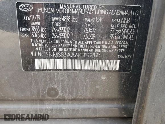 2019 Hyundai Santa Fe Ultimate with VIN 5NMS53AA6KH139894, listed as a Copart auction lot 44133575 with 145,053 mi miles and Salvage Title. Bid and sale history available at carsss.com. Image 12.