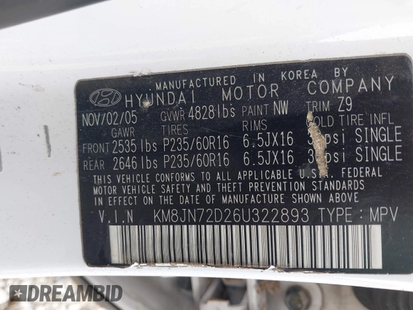 2006 Hyundai Tucson GLS with VIN KM8JN72D26U322893, listed as a IAAI auction lot 41882842 with 116,972 mi miles. Bid and sale history available at carsss.com. Image 9.