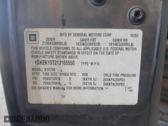 2001 GMC Yukon SLT z VIN 1GKEK13T21J165558, wystawiony jako Copart lot #52200565 z przebiegiem 291 699 mil mil oraz Szkoda całkowita • Salvage title. Historia ofert i sprzedaży dostępna na DreamBid. Obrazek 13.