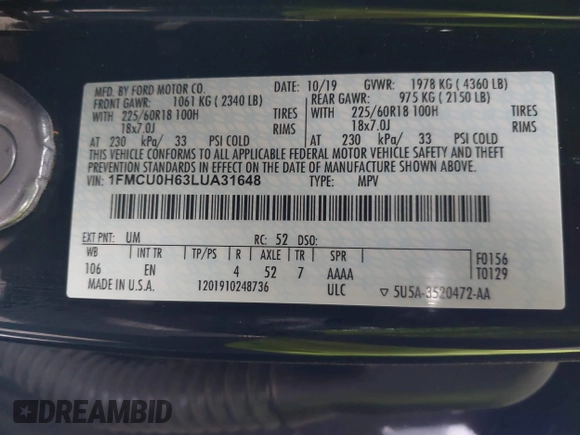 2020 Ford Escape SEL with VIN 1FMCU0H63LUA31648, listed as a IAAI auction lot 42295744 with 94,889 mi miles and . Bid and sale history available at DreamBid. Image 9.