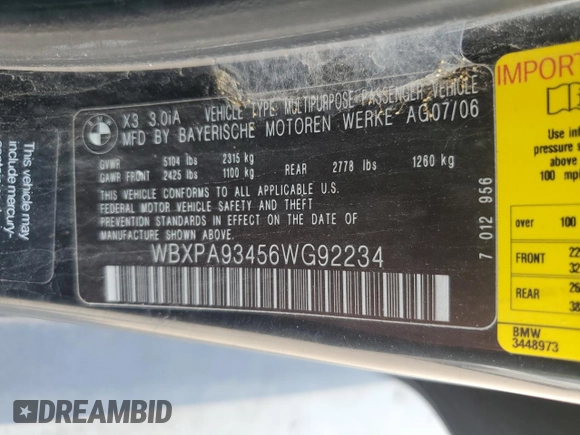 2006 BMW X3 3.0i z VIN WBXPA93456WG92234, wystawiony jako Copart lot #60319775 z przebiegiem Nie podano mil oraz Szkoda całkowita • Salvage title. Historia ofert i sprzedaży dostępna na DreamBid. Obrazek 13.