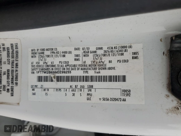 2022 Ford F-250 XL с VIN 1FT7W2B69NEE99255, выставлен на аукционе Copart как лот 62017925 с пробегом 86 448 миль миль и На запчасти • Non repairable. История ставок и продаж доступна на DreamBid. Изображение 12.