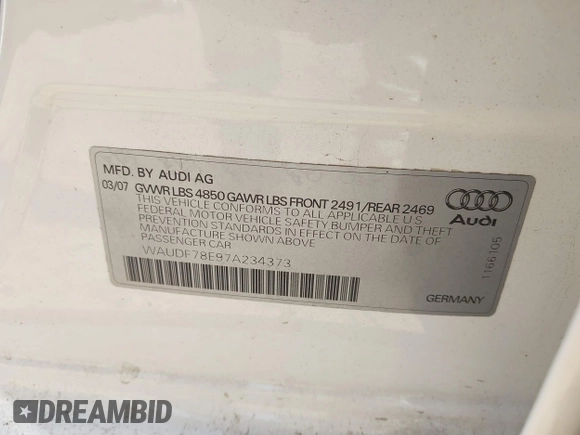 2007 Audi A4 2.0T z VIN WAUDF78E97A234373, wystawiony jako IAAI lot #42157285 z przebiegiem 175 752 mil mil oraz . Historia ofert i sprzedaży dostępna na DreamBid. Obrazek 9.