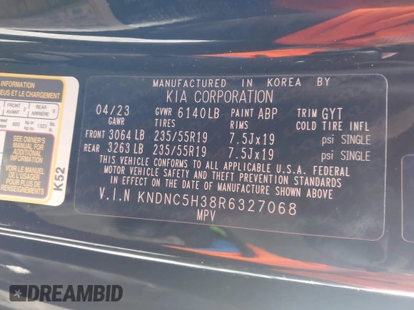 2024 Kia Carnival EX with VIN KNDNC5H38R6327068, listed as a IAAI auction lot 41196183 with 71,629 mi miles and . Bid and sale history available at carsss.com. Image 9.