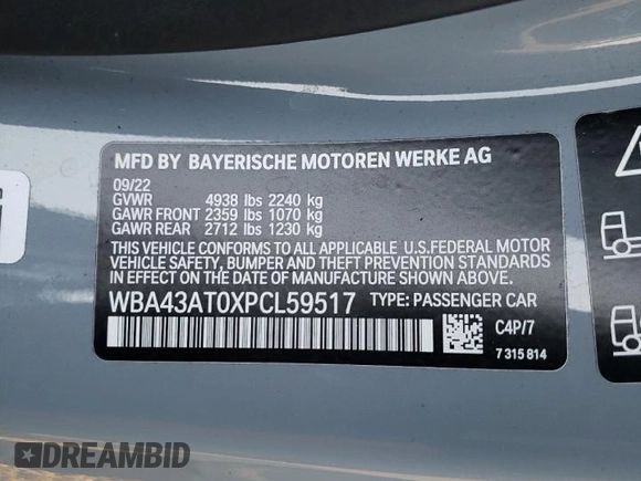 2023 BMW 4 Series 430i xDrive with VIN WBA43AT0XPCL59517, listed as a Copart auction lot 72859063 with 8,653 mi miles and Salvage Title. Bid and sale history available at DreamBid. Image 12.