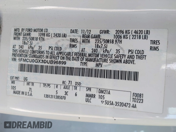 2013 Ford Escape SE with VIN 1FMCU0GX3DUB96899, listed as a IAAI auction lot 42266671 with 92,181 mi miles and . Bid and sale history available at DreamBid. Image 9.