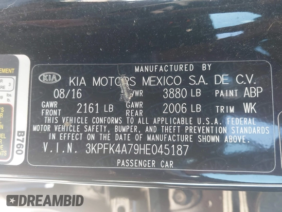 2017 Kia Forte LX with VIN 3KPFK4A79HE045187, listed as a IAAI auction lot 41428484 with 87,938 mi miles. Bid and sale history available at carsss.com. Image 9.