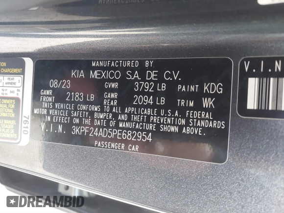 2023 Kia Forte LXS z VIN 3KPF24AD5PE682954, wystawiony jako IAAI lot #41510428 z przebiegiem 15 928 mil mil oraz . Historia ofert i sprzedaży dostępna na DreamBid. Obrazek 9.