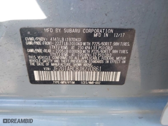 2018 Subaru Crosstrek Premium with VIN JF2GTABC8JH270861, listed as a IAAI auction lot 41700312 with NaN miles. Bid and sale history available at carsss.com. Image 9.