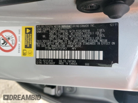 2012 Lexus RX 350 with VIN 2T2BK1BA7CC137943, listed as a Copart auction lot 52032195 with 120,511 mi miles and Salvage Title. Bid and sale history available at DreamBid. Image 13.
