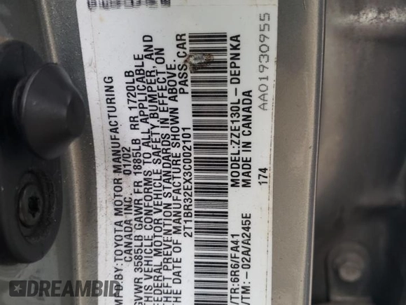 2003 Toyota Corolla CE with VIN 2T1BR32EX3C002101, listed as a Copart auction lot 51678735 with 168,201 mi miles and Salvage Title. Bid and sale history available at DreamBid. Image 12.