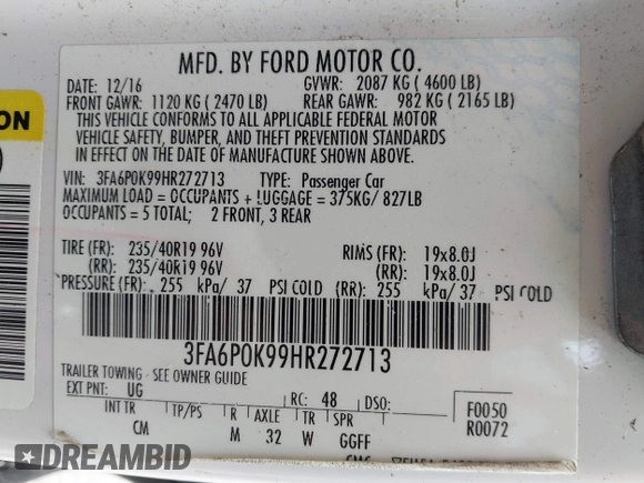 2017 Ford Fusion Titanium with VIN 3FA6P0K99HR272713, listed as a IAAI auction lot 41757334 with 104,733 mi miles. Bid and sale history available at carsss.com. Image 9.