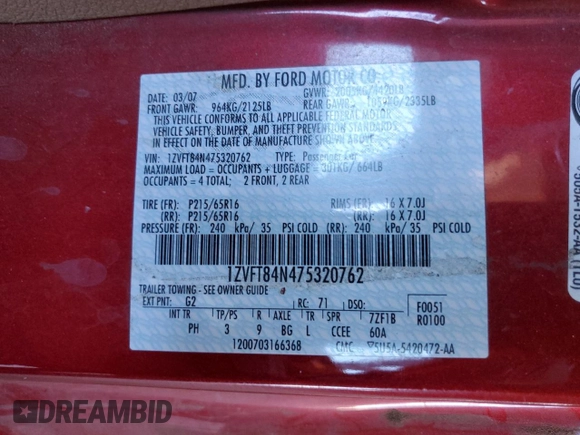 2007 Ford Mustang Deluxe with VIN 1ZVFT84N475320762, listed as a Copart auction lot 50463535 with 189,478 mi miles and Clean Title. Bid and sale history available at carsss.com. Image 12.
