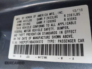 2011 Honda Accord EX with VIN 1HGCP2F78BA064570, listed as a IAAI auction lot 42308219 with 145,534 mi miles and . Bid and sale history available at DreamBid. Image 9.