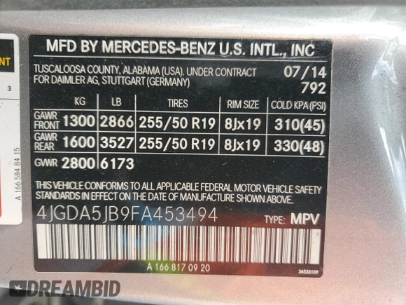 2015 Mercedes-Benz M ML 350 with VIN 4JGDA5JB9FA453494, listed as a Copart auction lot 51748755 with 120,682 mi miles and Clean Title. Bid and sale history available at carsss.com. Image 13.