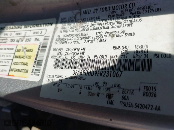 2014 Ford Fusion SE with VIN 3FA6P0HD9ER231067, listed as a IAAI auction lot 41946109 with 265,233 mi miles. Bid and sale history available at carsss.com. Image 9.