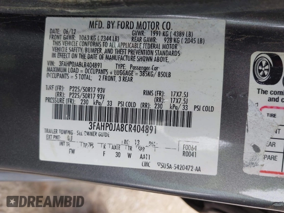 2012 Ford Fusion SEL с VIN 3FAHP0JA8CR404891, выставлен на аукционе IAAI как лот 42139048 с пробегом 169 262 миль миль и . История ставок и продаж доступна на DreamBid. Изображение 9.