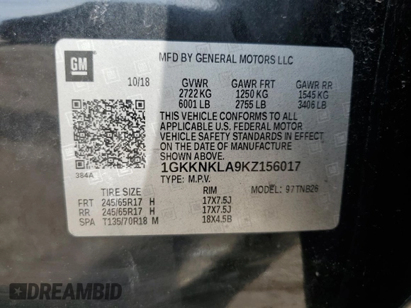 2019 GMC Acadia SLE z VIN 1GKKNKLA9KZ156017, wystawiony jako Copart lot #53935285 z przebiegiem 102 155 mil mil oraz Szkoda całkowita • Salvage title. Historia ofert i sprzedaży dostępna na DreamBid. Obrazek 13.