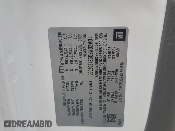 2014 Chevrolet Express Passenger 1LT with VIN 1GAZGYFG9E1207695, listed as a Copart auction lot 62146754 with 108,836 mi miles and Salvage title. Bid and sale history available at DreamBid. Image 14.