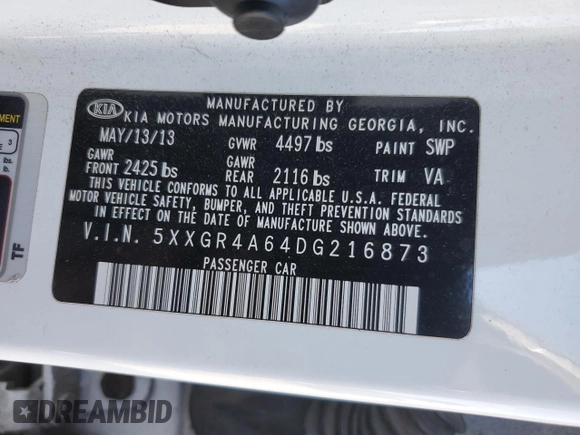 2013 Kia Optima SX with VIN 5XXGR4A64DG216873, listed as a Copart auction lot 50030885 with 189,226 mi miles and Salvage Title. Bid and sale history available at carsss.com. Image 12.