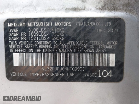2022 Mitsubishi Mirage ES with VIN ML32FUFJ0NHF03993, listed as a IAAI auction lot 41972241 with 145,386 mi miles and . Bid and sale history available at DreamBid. Image 9.