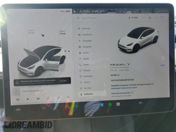 2022 Tesla Model Y Long Range with VIN 7SAYGDEE4NF357428, listed as a Copart auction lot 50345715 with 45,168 mi miles and Salvage Title. Bid and sale history available at carsss.com. Image 9.