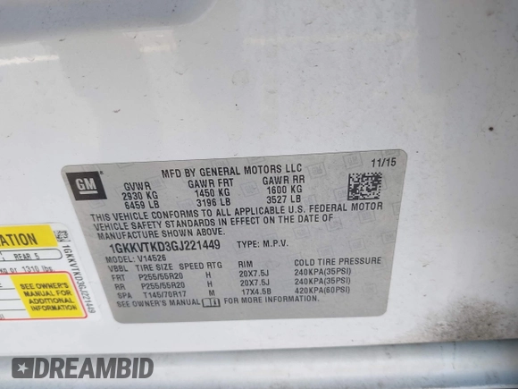 2016 GMC Acadia Denali with VIN 1GKKVTKD3GJ221449, listed as a IAAI auction lot 41777230 with 157,699 mi miles and . Bid and sale history available at DreamBid. Image 9.