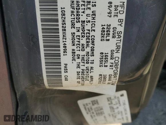 1998 Saturn SL с VIN 1G8ZH528XWZ140961, выставлен на аукционе Copart как лот 61259575 с пробегом 237 291 миль миль и Списание • Salvage title. История ставок и продаж доступна на DreamBid. Изображение 12.