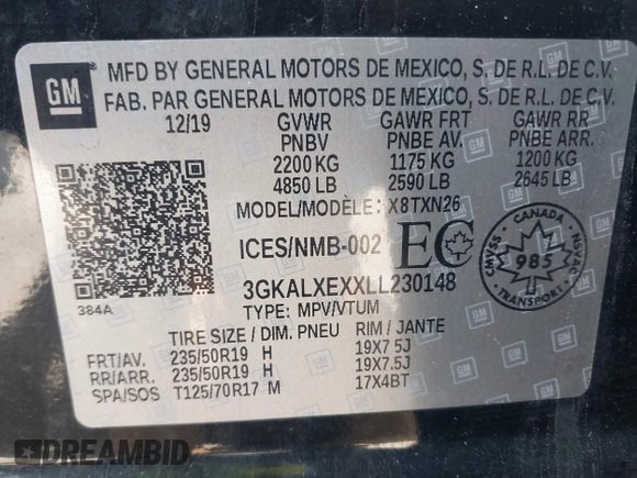 2020 GMC Terrain Denali with VIN 3GKALXEXXLL230148, listed as a IAAI auction lot 42055456 with 47,749 mi miles and . Bid and sale history available at DreamBid. Image 9.