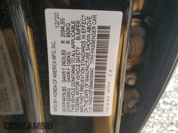 2021 Honda Accord Sport with VIN 1HGCV2F38MA006643, listed as a Copart auction lot 50971545 with 57,829 mi miles and Salvage title. Bid and sale history available at DreamBid. Image 12.
