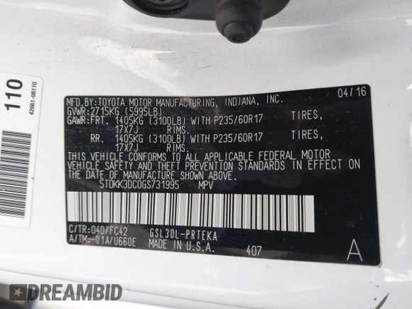 2016 Toyota Sienna LE AAS с VIN 5TDKK3DC0GS731995, выставлен на аукционе IAAI как лот 41856946 с пробегом 19 700 миль миль и . История ставок и продаж доступна на DreamBid. Изображение 9.