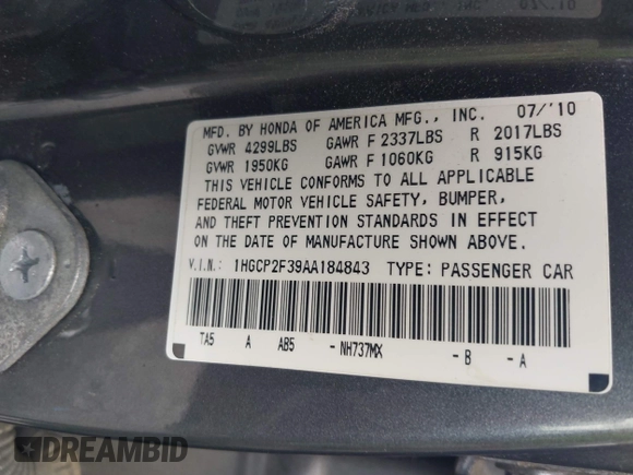 2010 Honda Accord LX z VIN 1HGCP2F39AA184843, wystawiony jako IAAI lot #42240208 z przebiegiem 179 667 mil mil oraz . Historia ofert i sprzedaży dostępna na DreamBid. Obrazek 9.