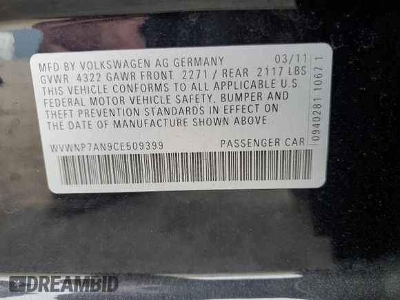 2012 Volkswagen CC Sport PZEV with VIN WVWNP7AN9CE509399, listed as a Copart auction lot 78458734 with 166,945 mi miles and Salvage Title. Bid and sale history available at carsss.com. Image 12.