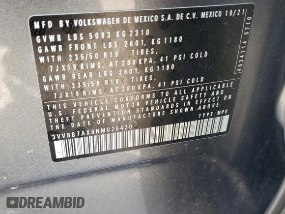2022 Volkswagen Tiguan SE R-Line Black with VIN 3VV8B7AX8NM026420, listed as a Copart auction lot 48568125 with 21,678 mi miles and Salvage Title. Bid and sale history available at DreamBid. Image 13.