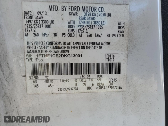 2013 Ford F-150 XL with VIN 1FTNF1CF2DKG13001, listed as a Copart auction lot 42028365 with 224,668 mi miles and Salvage Title. Bid and sale history available at carsss.com. Image 12.