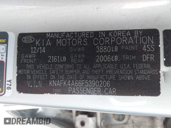 2015 Kia Forte LX with VIN KNAFK4A66F5390206, listed as a IAAI auction lot 42146355 with 107,925 mi miles. Bid and sale history available at carsss.com. Image 9.