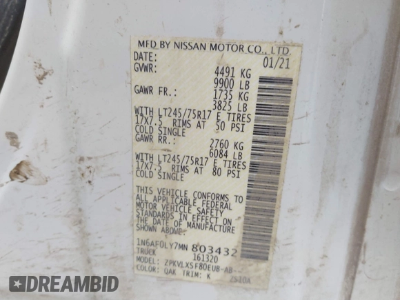 2021 Nissan NV Cargo SV with VIN 1N6AF0LY7MN803432, listed as a IAAI auction lot 41647578 with 52,158 mi miles and . Bid and sale history available at DreamBid. Image 9.